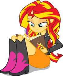 Size: 538x650 | Tagged: safe, artist:seahawk270, sunset shimmer, equestria girls, g4, my little pony equestria girls: rainbow rocks, boots, cute, female, high heel boots, journey book, pen, shoes, simple background, sitting, solo, transparent background, vector, writing