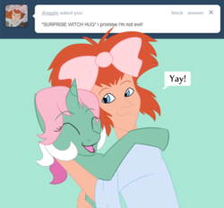 Size: 500x463 | Tagged: safe, artist:kourabiedes, draggle, fizzy, human, pony, unicorn, ask fizzy, g1, ask, cute, duo, duo female, female, fizzybetes, mare, tumblr