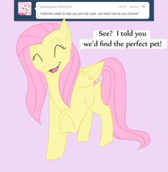 Size: 600x615 | Tagged: safe, artist:kourabiedes, fluttershy, ask fizzy, g4, ask, eyes closed, female, simple background, smiling, solo, tumblr, underhoof
