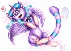 Size: 1500x1067 | Tagged: safe, artist:byluk, twilight sparkle, cat, g4, belly button, clothes, female, heart, on back, smiling, socks, solo, species swap, spread wings, traditional art, twilight cat, twilight sparkle (alicorn)