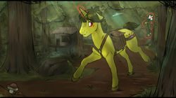 Size: 1900x1064 | Tagged: safe, artist:royvdhel-art, oc, oc only, oc:joe, pony, unicorn, bag, flower, forest, glowing, glowing horn, horn, magic, male, outdoors, saddle bag, solo, stallion, swamp, telekinesis, tree, unicorn oc