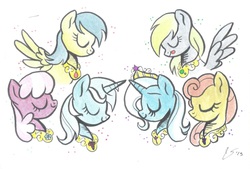 Size: 2074x1404 | Tagged: safe, artist:garciarael, carrot top, cheerilee, derpy hooves, golden harvest, lyra heartstrings, sunshower raindrops, trixie, pegasus, pony, g4, alternate universe, elements of harmony, eyes closed, female, lunaverse, mare