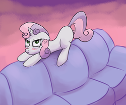 Size: 1920x1600 | Tagged: safe, artist:zapplebow, sweetie belle, pony, unicorn, g4, angry, behaving like a cat, blushing, couch, cute, diasweetes, ears back, female, filly, kitty belle, madorable, solo, sweetie belle is not amused, unamused