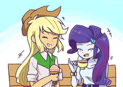 Size: 4960x3507 | Tagged: safe, artist:ayachiichan, applejack, rarity, equestria girls, g4, cup, female, ice cream, lesbian, ship:rarijack, shipping