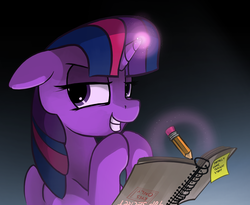 Size: 2000x1639 | Tagged: safe, artist:dimfann, twilight sparkle, alicorn, pony, g4, female, grin, magic, mare, notebook, pencil, solo, sticky note, twilight sparkle (alicorn)