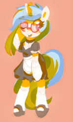 Size: 357x600 | Tagged: safe, artist:mewball, dj pon-3, vinyl scratch, g4, clothes, female, glasses, maid, simple background, solo