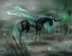 Size: 1280x992 | Tagged: safe, artist:egretink, queen chrysalis, changeling, changeling queen, g4, female, magic, solo, swamp
