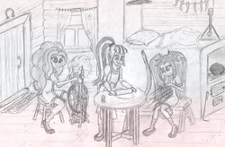 Size: 1337x876 | Tagged: artist needed, safe, adagio dazzle, aria blaze, sonata dusk, equestria girls, g4, balalaika, cabin, crochet, grayscale, monochrome, rolling pin, russia, russian, spinning wheel, the dazzlings, traditional art