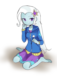 Size: 504x666 | Tagged: safe, artist:weiliy, trixie, equestria girls, g4, barefoot, cute, diatrixes, ear cleaning, feet, female, mimikaki, missing shoes, simple background, solo, white background