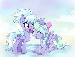 Size: 660x500 | Tagged: dead source, safe, artist:baekgup, cloudchaser, flitter, pegasus, pony, g4, blushing, bow, cloud, cute, cutechaser, duo, duo female, female, flitterbetes, hair bow, happy, open mouth, open smile, siblings, sisters, smiling, twins