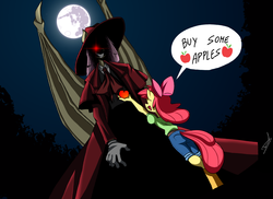 Size: 1484x1080 | Tagged: safe, artist:quynzel, apple bloom, fluttershy, anthro, g4, alucard, alushy, apple, buy some apples, clothes, crossover, equestria girls outfit, female, flutterbat, hellsing, mare in the moon, moon, race swap, this will end well