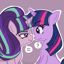 Size: 1024x1024 | Tagged: safe, artist:ayachiichan, starlight glimmer, twilight sparkle, alicorn, pony, the cutie map, equal sign, female, mare, twilight sparkle (alicorn), wingless