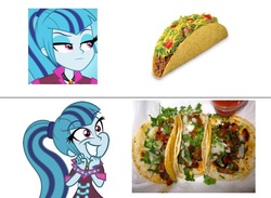 Size: 643x470 | Tagged: safe, sonata dusk, equestria girls, g4, female, happy, mexican, solo, sonata dusk is not amused, sonataco, taco, taco drama, that girl sure loves tacos, that siren sure does love tacos, unamused