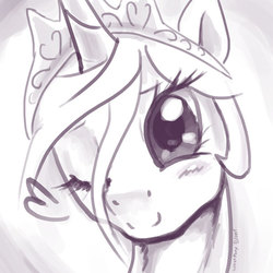 Size: 600x600 | Tagged: safe, artist:hunternif, princess celestia, pony, princess molestia, g4, blushing, cute, cutelestia, female, heart, mare, one eye closed, smiling, solo, style emulation, wink