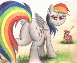 Size: 991x807 | Tagged: safe, artist:thefriendlyelephant, pinkie pie, rainbow dash, earth pony, pegasus, pony, g4, art block, butt, female, funny, grass, grumpy, head tilt, looking at you, perspective, plot, question mark, solo, traditional art, wings