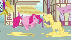 Size: 1280x720 | Tagged: safe, screencap, cranky doodle donkey, pinkie pie, donkey, earth pony, pony, a friend in deed, g4, season 2, bloated, cake batter, cheek bulge, eating, female, great moments in animation, male, mare, ponyville, round belly, stuffed, stuffed belly, stuffing, swallowing