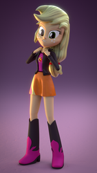 Size: 1080x1920 | Tagged: safe, artist:3d thread, artist:creatorofpony, applejack, sunset shimmer, equestria girls, g4, 3d, blender, boots, clothes, clothes swap, female, holding, jacket, leather, leather jacket, ponytail, shoes, skirt, solo, sunset shimmer's boots, sunset shimmer's clothes, sunset shimmer's skirt, teenager, top