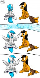 Size: 660x1280 | Tagged: safe, artist:the-furry-railfan, oc, oc only, oc:minty candy, oc:twintails, pegasus, pony, unicorn, book, comic, de magicks, glasses, moustache, panic, race swap, silly, silly pony, simple background, spell gone wrong, spellbook, white background