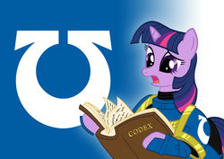 Size: 1600x1132 | Tagged: safe, artist:athos01, twilight sparkle, pony, g4, abstract background, armor, book, codex astartes, crossover, female, hilarious in hindsight, mare, power armor, roboute guilliman, science fiction, solo, space marine, ultramarine, vector, warhammer (game), warhammer 40k
