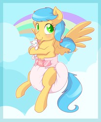 Size: 1067x1280 | Tagged: safe, artist:cuddlehooves, oc, oc only, oc:amber heart, diaper, non-baby in diaper, plushie, poofy diaper, rainbow, solo