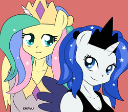 Size: 1000x874 | Tagged: safe, artist:empyu, fluttershy, princess celestia, princess luna, rarity, pegasus, unicorn, anthro, g4, 30 minute art challenge, actor allusion, clothes, disguise, duo, fake horn, fake wings, female, looking at you, lunarity, shylestia, simple background, smiling