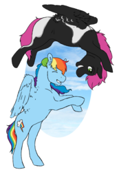 Size: 1110x1600 | Tagged: safe, artist:royvdhel-art, rainbow dash, oc, oc:tonks, pegasus, pony, g4, eyes closed, flying, happy, pegasus oc, sky, smiling, wings