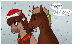 Size: 1136x706 | Tagged: safe, artist:royvdhel-art, oc, oc only, oc:rj, earth pony, pony, bust, christmas, clothes, duo, earth pony oc, happy holidays, hat, heart, holiday, santa hat, scarf, simple background, smiling, snow