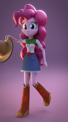 Size: 1080x1920 | Tagged: dead source, safe, artist:3d thread, artist:creatorofpony, applejack, pinkie pie, dragon, equestria girls, g4, magical mystery cure, 3d, applejack's belt, applejack's hat, applejack's skirt, blender, boots, button-up shirt, clothes, clothes swap, country pie, cowboy boots, cowboy hat, cowgirl, cowgirl outfit, denim skirt, equestria girls interpretation, female, hat, high heel boots, holding, scene interpretation, shirt, shoes, skirt, smiling, solo, stetson, teenager