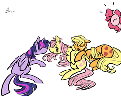 Size: 1280x1041 | Tagged: safe, artist:rwl, applejack, fluttershy, pinkie pie, twilight sparkle, alicorn, pony, g4, female, mare, sleeping, snuggling, twilight sparkle (alicorn)