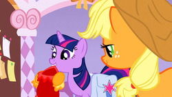Size: 1366x768 | Tagged: safe, screencap, applejack, twilight sparkle, g4, suited for success, mouth hold
