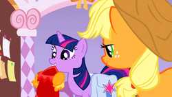 Size: 1366x768 | Tagged: safe, screencap, applejack, twilight sparkle, g4, my little pony: friendship is magic, suited for success, mouth hold