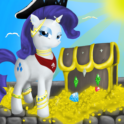 Size: 2000x2000 | Tagged: safe, artist:nightgreenmagician, rarity, g4, chest, female, hat, high res, pirate, solo, treasure