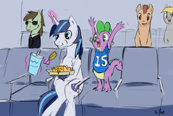 Size: 1280x853 | Tagged: safe, artist:silfoe, derpy hooves, shining armor, spike, pegasus, pony, royal sketchbook, g4, american football, cheering, corndog, female, levitation, magic, mare