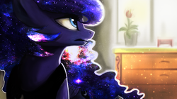 Size: 1920x1080 | Tagged: safe, artist:hierozaki, princess luna, alicorn, pony, g4, colored, dust motes, female, galaxy mane, solo, window