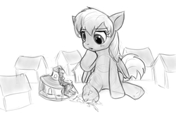 Size: 788x524 | Tagged: safe, artist:alloyrabbit, derpy hooves, pegasus, pony, g4, female, giant derpy hooves, giant pony, macro, mare, monochrome, ponyville, solo