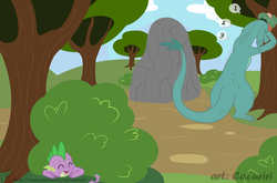 Size: 1280x844 | Tagged: safe, artist:caluriri, spike, dragon, g4, disney, hide and seek, loch ness monster, nessie, the ballad of nessie, wingless spike