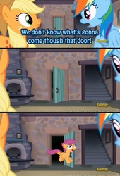 Size: 436x640 | Tagged: safe, applejack, rainbow dash, scootaloo, g4, my little pony: friendship is magic, the cutie map, crazy face, derp, exploitable meme, faic, lol, meme, that door