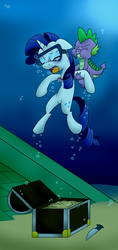Size: 1600x3400 | Tagged: safe, artist:uwdr-64, rarity, spike, dragon, pony, unicorn, g4, air bubble, bubble, drowning, female, holding breath, male, mare, rescue, sand, ship:sparity, shipping, shipping fuel, straight, treasure chest, underwater