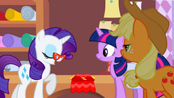 Size: 1366x768 | Tagged: safe, screencap, applejack, rarity, twilight sparkle, g4, suited for success