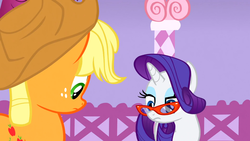 Size: 1366x768 | Tagged: safe, screencap, applejack, rarity, g4, suited for success