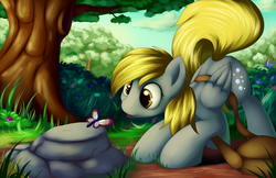 Size: 3400x2200 | Tagged: safe, artist:grennadder, derpy hooves, butterfly, pegasus, pony, g4, cute, derpabetes, female, high res, mare, saddle bag