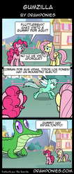 Size: 850x2000 | Tagged: safe, artist:drawponies, fluttershy, gummy, lyra heartstrings, pinkie pie, pony, g4, comic, spanish, translation, translator:the-luna-fan