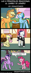 Size: 583x1371 | Tagged: safe, artist:drawponies, applejack, fluttershy, pinkie pie, rainbow dash, rarity, twilight sparkle, pony, g4, comic, mane six, rule 63, spanish, translation, translator:the-luna-fan, twilight sparkle (alicorn)