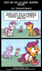 Size: 850x1440 | Tagged: safe, artist:drawponies, diamond tiara, scootaloo, sweetie belle, pony, g4, comic, spanish, translation, translator:the-luna-fan