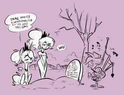 Size: 1280x980 | Tagged: safe, artist:herny, princess luna, alicorn, human, luna-afterdark, g4, bagpipes, dialogue, epitaph, grave, gravestone, humanized, musical instrument, speech bubble