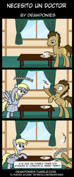 Size: 850x2020 | Tagged: safe, artist:drawponies, derpy hooves, doctor whooves, time turner, pegasus, pony, g4, bacon, bacon and eggs, breakfast, clothes, coffee, comic, doctor who, dress, duo, duo male and female, egg (food), female, food, fried egg, funny, heart attack, male, mare, meat, ponies eating meat, spanish, stallion, time lord, translation, translator:the-luna-fan, weeping angel