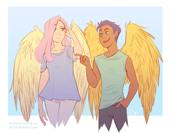 Size: 990x765 | Tagged: safe, artist:vasira, flash sentry, fluttershy, human, g4, clothes, dark skin, flutterflash, hair over one eye, humanized, looking at each other, open mouth, pointing, raised eyebrow, winged humanization