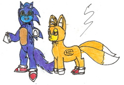 Size: 1314x900 | Tagged: safe, artist:slim-shadow-tss, soarin', spitfire, g4, cosplay, crossover, male, miles "tails" prower, sonic the hedgehog, sonic the hedgehog (series), traditional art, wat