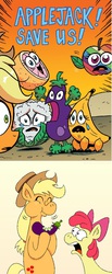 Size: 531x1293 | Tagged: safe, artist:brenda hickey, artist:hellarmy, edit, idw, apple bloom, applejack, fluttershy, pinkie pie, rainbow dash, rarity, twilight sparkle, earth pony, pony, friends forever #15, g4, my little pony: friends forever, spoiler:comic, :t, banana, bananashy, cauliflower, comic, context is for the weak, crossing the line twice, eating, eggplant, eggplant sparkle, eggplantification, female, filly, food transformation, fruit, grapefruit, herbivore, horses doing horse things, implied cannibalism, implied death, lemon, mane six, mare, not salmon, princess eggplant sparkle, shocked, species swap, twilight sparkle (alicorn), vegetables, wat, zap apple, zap apple dash