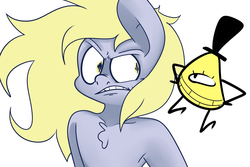 Size: 1280x853 | Tagged: safe, artist:extradan, derpy hooves, oc, oc:jerky hooves, g4, angry, bill cipher, bust, chest fluff, duo, gravity falls, gritted teeth, looking at each other, male, nose wrinkle, simple background, white background